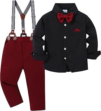 DISAUR Boy Suits Boys Wedding Outfit Dress Shirt with Bowtie/Suspender Pants for Formal Occasion 6-10 Years