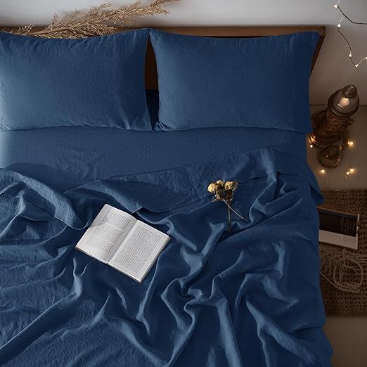 LBRO2M 100% Linen Sheet Set Twin XL Size,Bed Sheets 3 Piece Sets,Solid Color Natural Flax Bed Sheets Soft Breathable Bedding,16" Deep Pocket,All Season (Twin XL, Navy Blue)