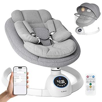 Electric Baby Swing with 5-Speed Motion & Vibration, Bluetooth Music, Remote Control, 10 Preset Melodies, Portable Baby Rocker for Newborns, Max 20 Lbs, 0-6 Months, Aluminum Frame