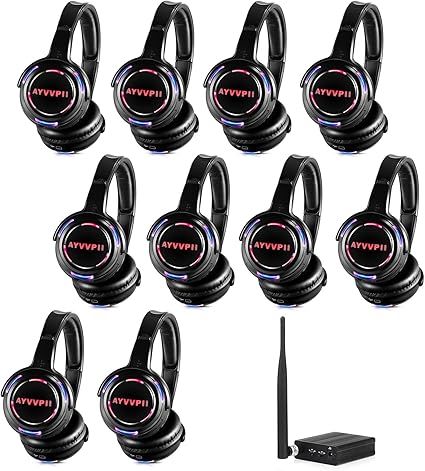Rechargeable Wireless Silent Disco Headphones RF LED Flashing Light Headset 10pcs Headphones Bundle and 1 Transmitter 500m Distance