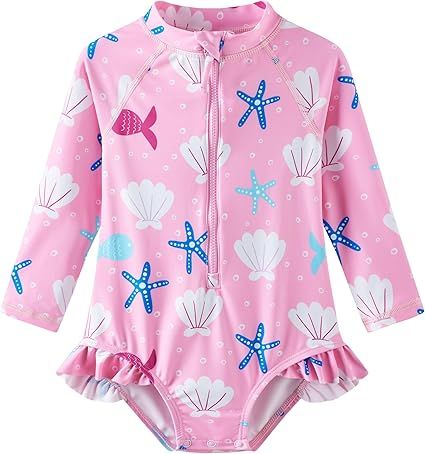 UMELOK Baby Girls' One Piece Swimsuit Rash Guard Swimwear Long Sleeve with UPF 50+ Sun Protection
