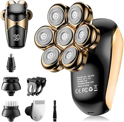 SHPAVVER Head Shavers for Bald Men: 5-in-1 Upgraded Electric Razor - IPX7 Waterproof Shaving Grooming Kit for Balder - Turbo Speed & Precision Blades (Ink Gold)