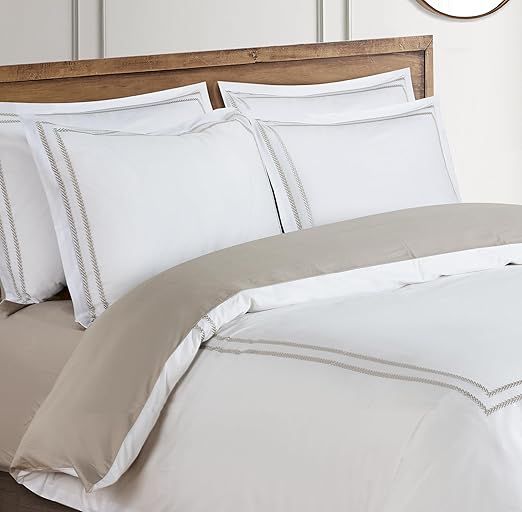 Majestic Giftware Madison Linen 8 Pcs Twin Size Bedding Set (BL55-T) | Riviera - Taupe 400 TC Cotton Sateen Durable & Eashable | 2 Fitted Sheets, 2 Duvets, 4 Pillowcases - Noble Collection