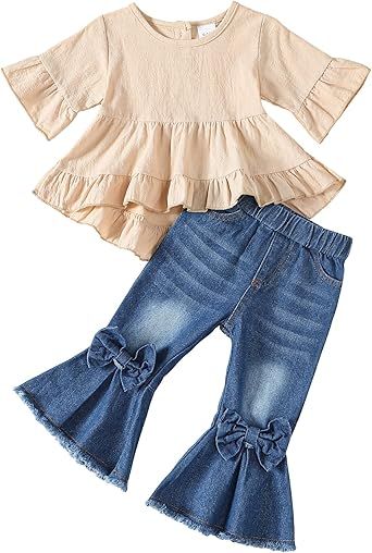 Kucnuzki Toddler Baby Girls Clothes Long Sleeve Shirt Top Flare Denim Jeans Cute Outfit Baby Girl Fall Winter Clothes