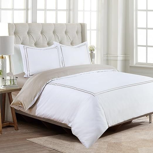 Majestic Giftware Madison Linen 8-Piece Twin Size Bedding Set (BL51-T-3) | Flora Hotel Collection-White-Taupe Embroidery 400 TC Cotton Sateen | 2 Fitted Sheets, 2 Duvets, 4 Pillowcases
