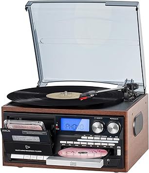 9-in-1 Bluetooth Record Player with Speakers, 3-Speed Turntable, AM/FM Radio, CD & Cassette Player, USB/SD Playback, Remote Control, Vintage Vinyl Player for Home