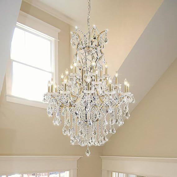24-Lights Large Crystal Chandelier for High Ceilings, Brass Chandelier Modern Light Fixture Maria Theresa Chandeliers for Foyer Entryway Staircase Living Lobby, H55.1 x D37.4-Included Bulbs