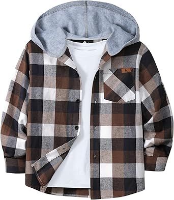 SWISSWELL Boys Long Sleeve Button-up Shirt with Hood Unisex Kids Cotton Plaid Hoodie Flannel Fall Shirts for 6-15 Years