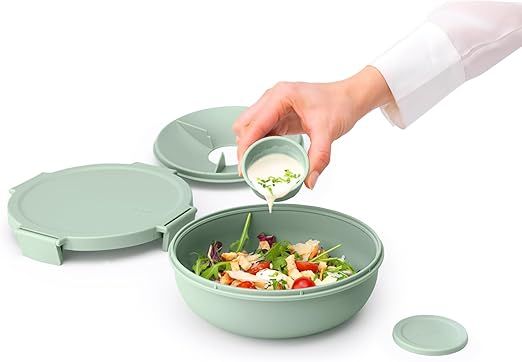 Brabantia Make & Take Salad Bowl with Removable Tray for Toppings & Dressings (Jade Green) 100% Leakproof, Microwave & Freezer Safe Meal Prep Container