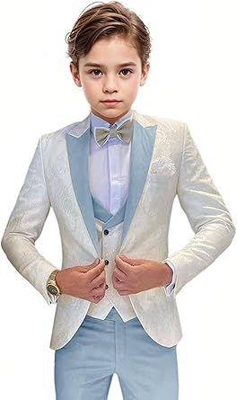 Boys Tuxedo Suit Jacquard Slim Fit 3 Piece Kids Tuxedo Suits for Boys Formal Wedding Suit Blazer Vest Pants