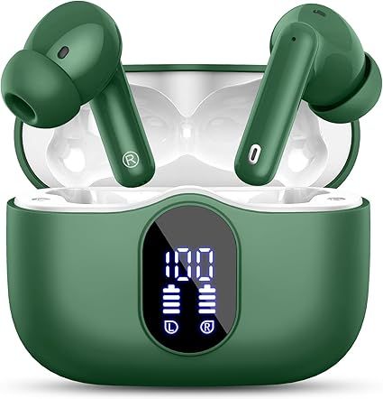 Wireless Earbuds, Bluetooth 5.4 Headphones Bass Stereo, Ear Buds with Noise Cancelling Mic, LED Display in Ear Earphones Clear Calls, IP7 Waterproof Bluetooth Earbuds for Laptop/Phones/Sports, Green