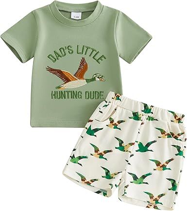 Amiblvowa Toddler Boys Summer Outfits Dad's Little Hunting Dude Duck Embroidery Short Sleeve T-Shirt Tops Casual Shorts Set