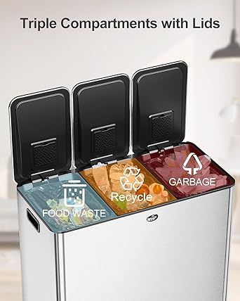 GarveeHome Trash Can 90 L/23.8 gal, Three Compartments Pedal Kitchen Recyclingtrash Bin with Lids,Stainless Steel Garbage Can for Home Office Restaurant School Hospital