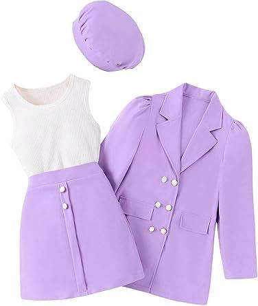 Milumia Girl's 4 Piece Outfits Knit Top Mini Skirt and Blazer Jacket with Hats