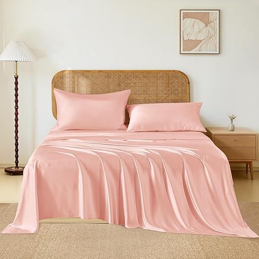 THXSILK Luxury Mulberry Silk Bed Sheets Set - 4pcs Silk Sheets Set 16" Deep Pocket - 1 Fitted Sheet, 1 Flat Sheet, 2 Pillowcases with Zipper Closure - Full, Charming Pink