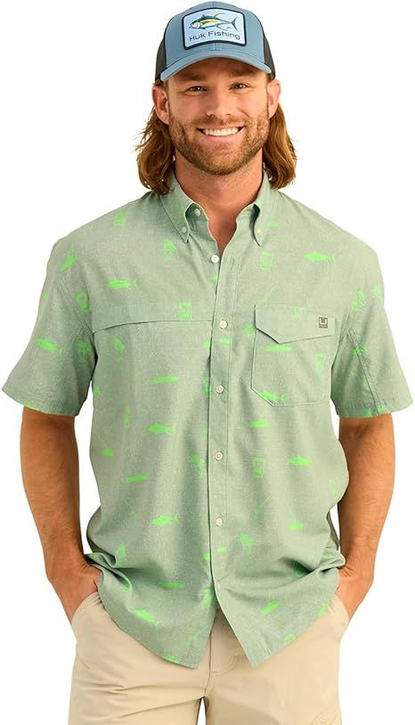 HUK - Men's Tide Point Pattern Short Sleeve Shirt, Fishing Button Down