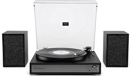 Victrola Harmony – Bluetooth Turntable System– 3-Speed Vinyl Record Player, Stereo Bookshelf Speakers, Mid-Century Modern Design, Audio Technica ATN3600L, Bluetooth Input and Output (Black)