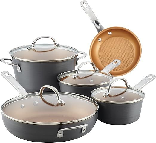 Ayesha Curry Kitchenware Ayesha Curry Home Collection Hard Anodized Nonstick Cookware Pots and Pans Set, 9 Piece, Charcoal Gray