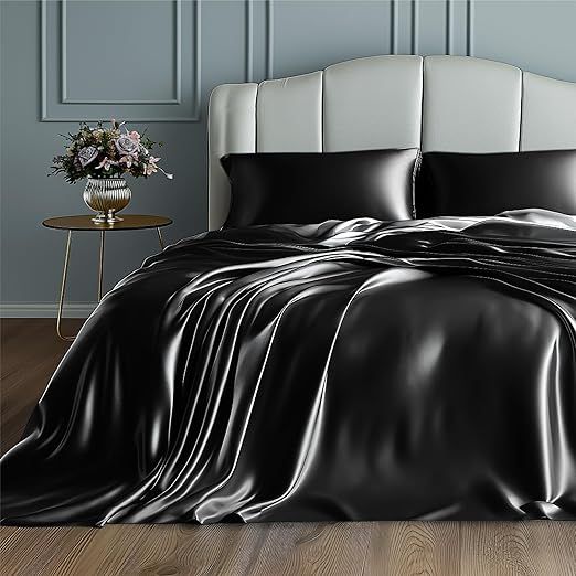 100% Mulberry Silk Sheet Set - 22 Momme Grade 6A, 16-18 Inch Deep Pocket, Indulgent Sheets for Dreamlike Comfort, Full XL-Black
