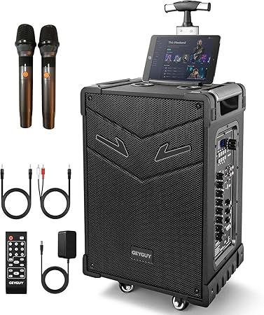 Portable Bluetooth PA Speaker System with 10” Subwoofer, 3-Way Karaoke Machine w/2 Wireless Mics, TWS/USB/SD/FLAC/WAV/FM Radio, Rechargeable w/Wheels & Remote – for Party, Outdoor, Events (GTSK10-3)