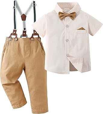 DISAUR Boy Suits Boys Wedding Outfit Dress Shirt with Bowtie/Suspender Pants for Formal Occasion 6-10 Years