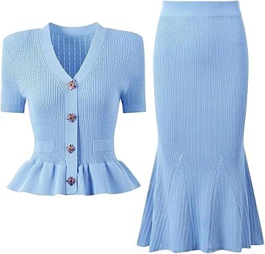 Women's Short Sleeve Knit Top Fishtail Half Skirt Set With Diamond Buttons