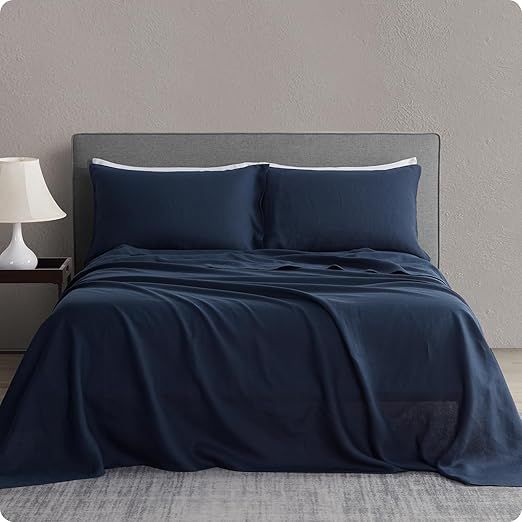 DAPU Pure Linen Sheets Set, 100% French Linen from Normandy, Breathable and Durable for Hot Sleepers, 4 Pcs Set - 1 Flat Sheet, 1 Fitted Sheet, 2 Pillowcases (Navy Blue, Full)