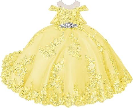 Boatneck Lace Flower Girl Dresses 3D Flower Ball Gown Dresses for Girls Pearly Crystal Girls Pageant Dress