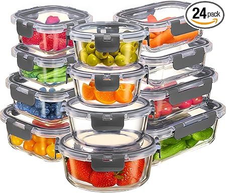 FineDine 24 Piece Premium Borosilicate Glass Meal Prep Containers Glass - Airtight Food Storage Containers with Lids, Hinged Locking Lid, BPA Free, For Meal Prep/Freezer/Oven