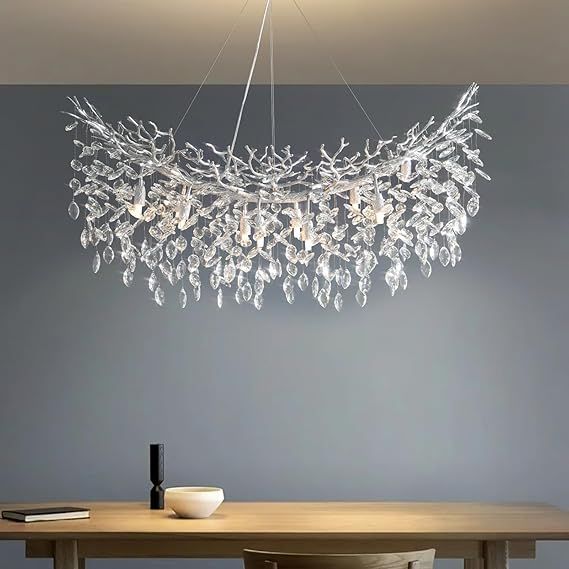 43" Silver Chandelier, 14-Light Modern Crystal Tree Branch Chandeliers, Contemporary Rectangular Chandelier for Dining Room, Kitchen Island, Living Room Foyer, Luxury K9 Crystal Raindrop Light Fixture
