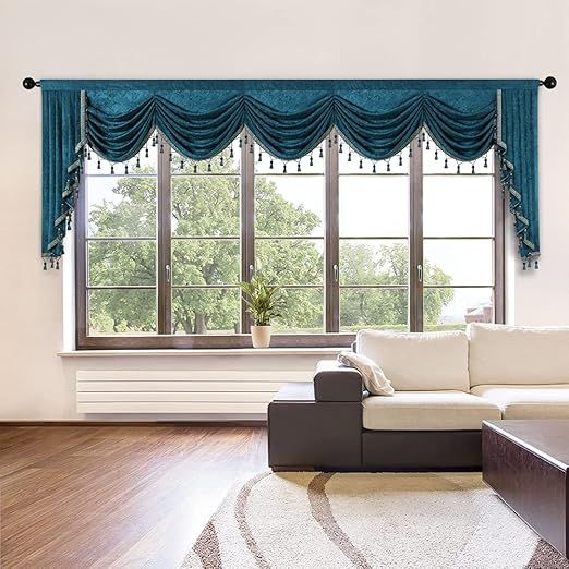 ELKCA Thick Chenille Window Curtains Swag Valance for Living Room Peacock Blue Waterfall Valance for Bedroom,Rod Pocket,1 Panel (Peacock Blue, W138)