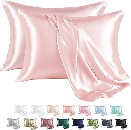 MR&HM Satin Pillowcase for Hair and Skin, Silk Satin Pillowcase 2 Pack, Queen Size Pillow Cases Set of 2, Silky Pillow Cover with Envelope Closure (20x30, Light Pink)