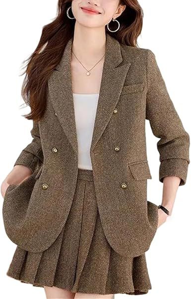 Women's Office Two Piece Suit Set Thick Woolen Notched Lapel Long Sleeve Blazer and Skirt