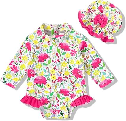 Infant Baby Girl Swimsuit One-Piece Long Sleeve Rash Guard with Hat Set Floral Zipper Bathing Suit Leopard Beach Wear