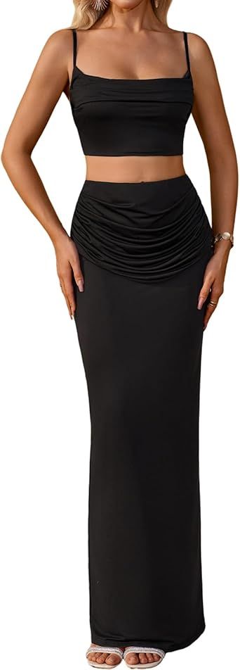 XinFSh Women's Two Piece Maxi Skirt Sets Sexy Summer Beach Vacation Ruched Cami Top Going Out Dress Set Outfits