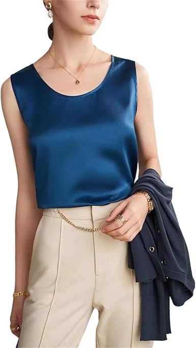 Women's Silk Blouse Summer O Neck Sleeveless Lightweight Soft High Street Style Casual Tank Tops