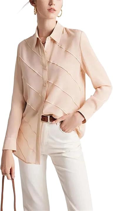 Women's Striped Silk Shirt Spring Summer Turn Down Collar Elegant Office Lady Long Sleeve Blouse Tops
