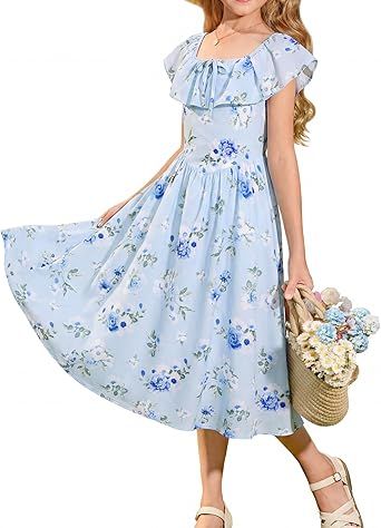 GRACE KARIN Girls Floral Dress Summer Midi Dress Off Shoulder Ruffle Spring Long Dresses