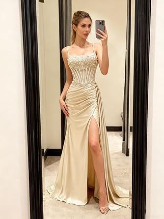 Beaded Satin Prom Dresses Long Mermaid Evening Dresses Lace Applique Corset Formal Party Gown with Slit Tail