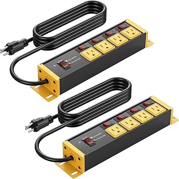 CCCEI 2PCS Heavy Duty Power Strip Surge Protector 20 AMP Individual Switches. 12 Gauge Extension Cord with Multiple Outlets. Garage, Shop, Industrial Wall Mount Electric Extender. 4FT, Yellow.