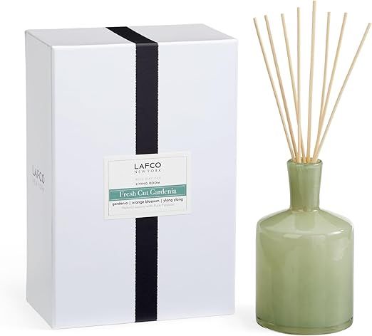 LAFCO New York Signature Reed Diffuser, Fresh Cut Gardenia - 15 oz - Up to 9 Months Fragrance Life - Reusable, Hand Blown Glass Vessel - Natural Wood Reeds - Made in The USA