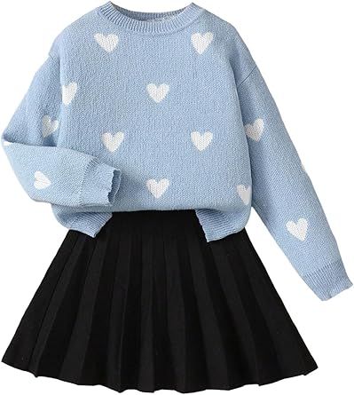 Girl's 2 Piece Cute Outfits Heart Graphic Long Sleeve Crewneck Sweater and Pleated Knit Skirt Sets