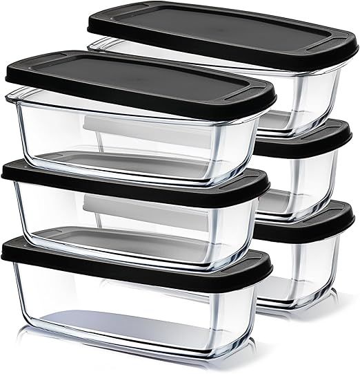 EATEX Glass Bread Pans for Homemade Bread Baking, 1.9 Quart Deep Rectangular Glass Food Storage Containers with Lids BPA Free Microwave Oven & Freezer Safe - 6 Bread Loaf Pans 6 Airtight Lids Black