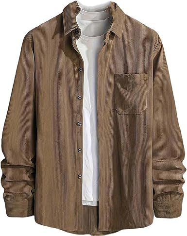 Men's Corduroy Shirt Long Sleeve Casual Button Down Solid Color Lapel Workwear Lightweight Tops