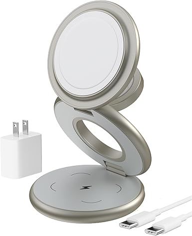 KU XIU X63 Natural Titanium 3 in 1 Charging Station for Apple, Aluminum Alloy Foldable Magnetic Wireless Charger, Travel Stand for iPhone 17/16/15/14/13/12, Apple Watch & AirPod,with 20W Adapter