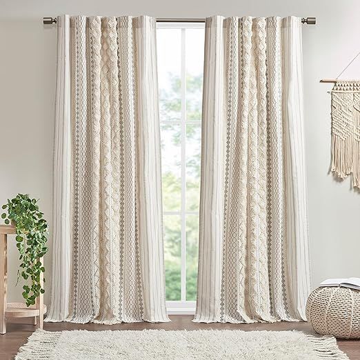 INK+IVY Boho Curtains for Bedroom & Living Room, 100% Cotton Tufted Chenille Stripe Modern Farmhouse Curtains, Light Filtering Drapes, 50" x 95", Ivory