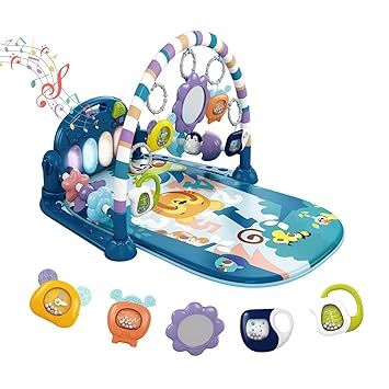 dearlomum Baby Play Mat Gym, Funny Play Piano Tummy Time Activity Mat with 5 Infant Sensory Toys, Music and Lights, Boy & Girl Gifts for Newborns 0 to 3 6 9 12 Months (Blue)
