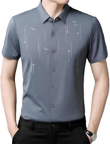 Men Summer T-Shirt Short Sleeve Solid Turn-Down Collar Striped Business Button Tops