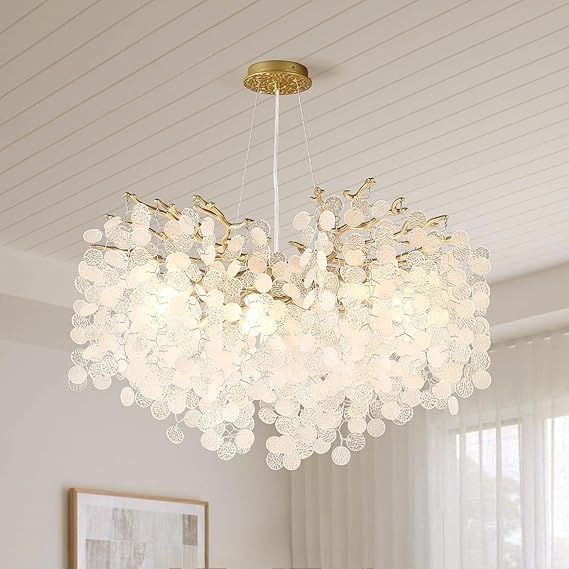 24-Inch Capiz Shell Chandelier, 8-Light Gold Coastal Chandelier, Modern Crystal Tree Branch Chandeliers, Boho Light Fixture for Bedroom, Living Room, Foyer, Entryway, Stairwell