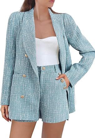 Cicy Bell Womens 2 Piece Tweed Blazer Shorts Sets Long Sleeve Double Breasted Suit Jackets Business Outfit